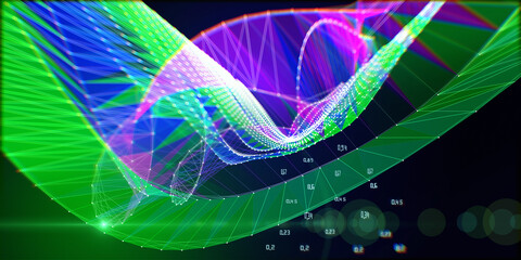 Abstract  background polygonal grid with color blurred lines data on dark. Presentation concept of color algorithms grid. Big Data.