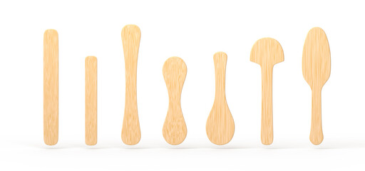 Wooden popsicle sticks different shapes and sizes on white background, 3D render. Wood craft elements set for holding ice cream, tongue depressor for throat medical examination