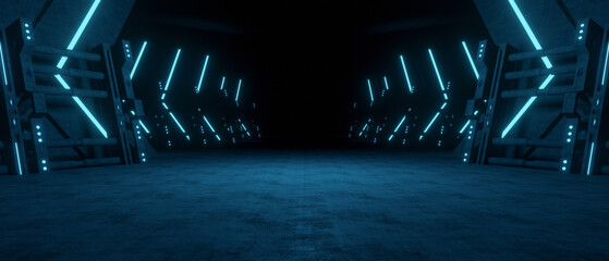 Abstract Futuristic Modern Alien Fashion Dance Club Showroom Hallway Tunnel Corridor Concrete Cyber Virtual Showcase Shaped Blue Turquoise Banner Background Billboard 3D Illustration © lumerb