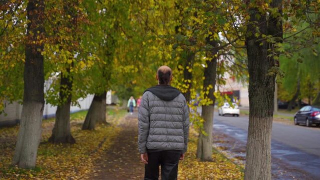 a man walks along the road in autumn, view from the back
