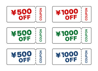 ¥500 OFF / ¥1000 OFF：クーポン券の色違いセット　ゴム印風の文字 - obrazy, fototapety, plakaty