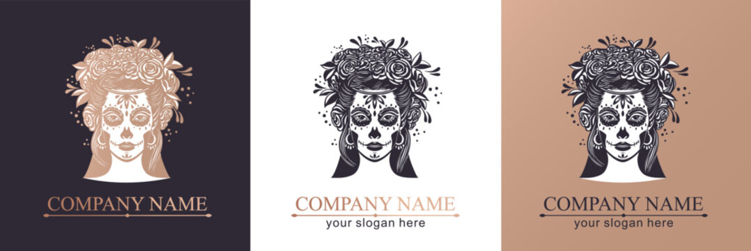 Logo in Calavera style. Dia de los muertos, Day of the dead is a Mexican holiday. Girl with flowers in her hair and Woman with make-up - sugar skull.