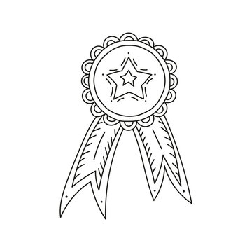 Doodle win ribbon with star at white background.