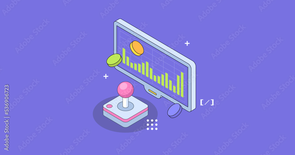 Wall mural gaming development for mobile app. isometric design concept with game console.