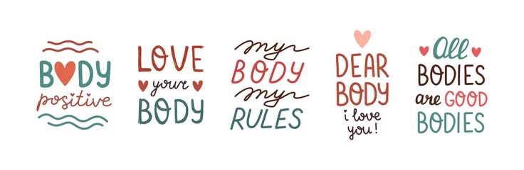 Foto auf Acrylglas Körperpositiver Schriftzug. Liebe deinen Körper. Handschriftlicher Slogan des Feminismus. Positives Zitat des glücklichen Körpers. Vektor © spirka.art