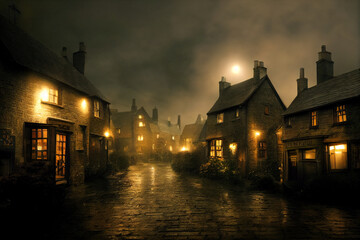Naklejka premium Digital art of a medieval street in a foggy Halloween night.