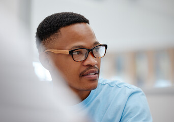 Education, university or thinking black man in classroom, learning library or school campus in South Africa. Student in college study with ideas, innovation or scholarship goals for degree or diploma - obrazy, fototapety, plakaty