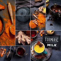 Collage of healthy turmeric golden milk on dark background.