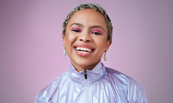 Happy Black Woman, Neon Fashion And Portrait Of Creative, Cyberpunk And Retro, Bold And Colorful Makeup, Clothes And Cosmetics On Studio Background. Unique, Vaporwave And Smile Gen Z Model Influencer