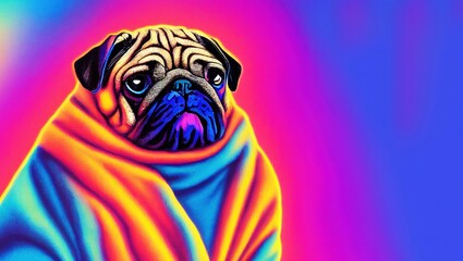Digital colorful illustration of a cute fat pug pop art - obrazy, fototapety, plakaty