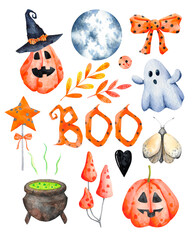 Halloween clip art set isolated on transparent background. Autumn, Fall holiday clipart collection. Watercolor Helloween illustrations, poster.