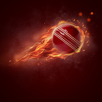 3D illustration of fiery cricket ball in abstract background. 3D rendering.