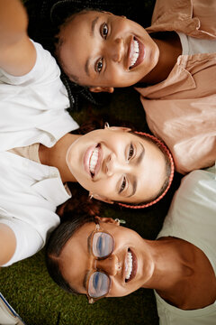 Top View, Students Or Diversity In Fun Selfie In University, Women College Or Global School Campus In Relax Study Break. Face Portrait, Smile Or Happy Education Friends In Pov Social Media Photograph