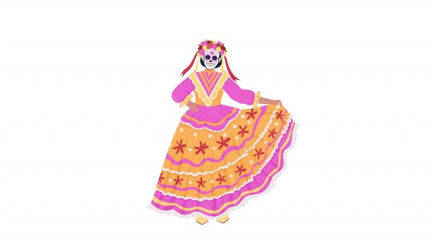 Animated character in mexican dress. Full body flat person HD video footage with alpha channel. Day of dead color cartoon style illustration on transparent background for animation