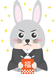 福袋を持って嬉しそうな着物のうさぎ