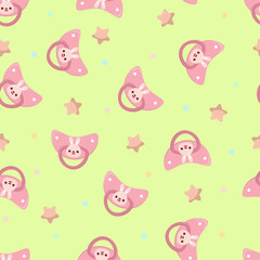 Seamless children's pattern on a green background. A dummy with a rabbit. Pacifier for children