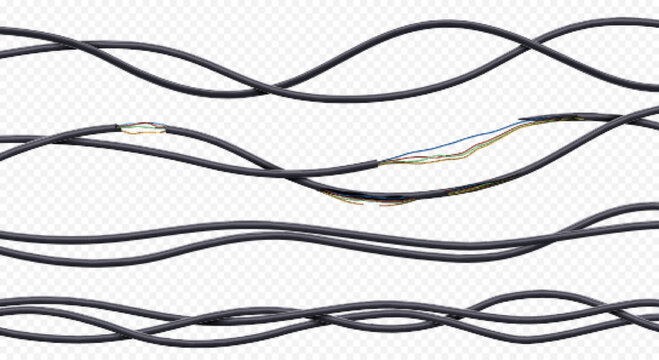 Electric wires, power cables in black plastic tubes. Curved 3d flexible wires, broken and torn energy cables isolated on transparent background, vector realistic set