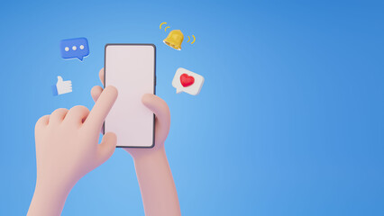 Hand holding mobile smartphone and touchscreen on blue background with social media app icons concept 3d cartoon, social media, 3d rendering 