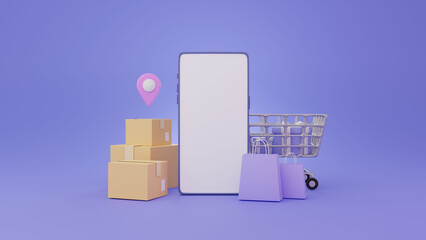 Obraz premium smartphone Shopping online concept. purple background minimal, discount, promotion, sale, banner, website. 3d 