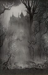 halloween background vertical, digital illustration of  ictorvian haunted house  with candlelight in the window in a dense spooky forest