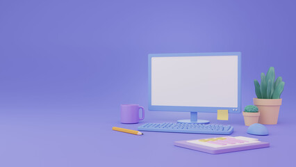 Computer mockup and work decoration for content editor on purple background , 3d rendering