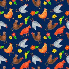 Hens seamless pattern on blue background. Hand drawn with color pencils chicks, flowers, leaves, grass repeat print. Cartoon domestic birds, chickens design.