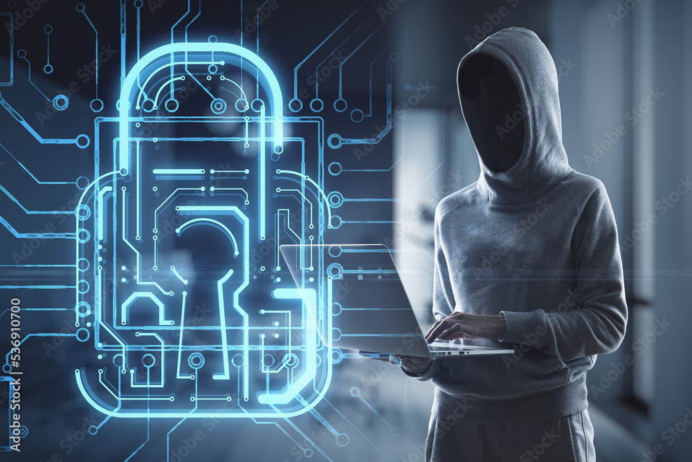Poster Cyber security and antivirus concept with graphic digital illuminated lock with key hole inside on faceless person in hoody using laptop background, double exposure