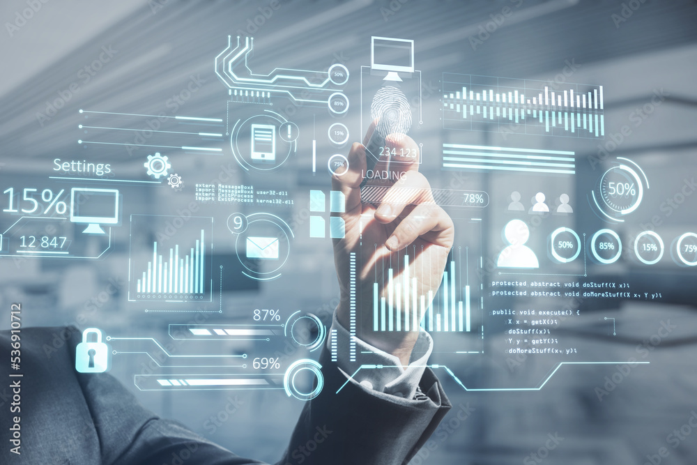 Poster close up of business man hand pointing at creative glowing business chart interface hologram on blur