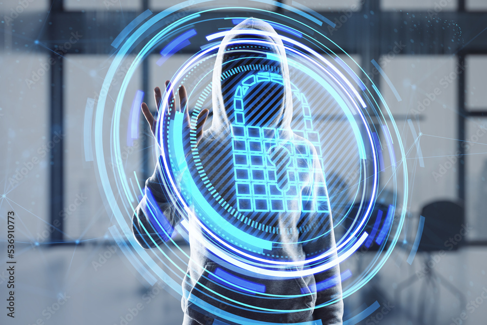 Poster hacker hand using glowing padlock hologram on blurry office interior background. secure, data theft,