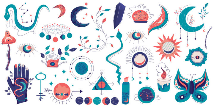 Celestial magic set in flat style on white background. Boho tattoo with butterfly, sun, moon and snake. Celestial ornament with magic symbols vector flat style