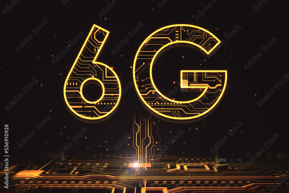 Poster Communication network and IoT concept with digital 6G sign connected to circuit on abstract dark background. 3D rendering