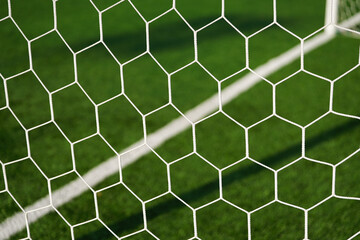 Football soccer pitch line seen through the net of a goalpost on a new football field stadium.. - Powered by Adobe
