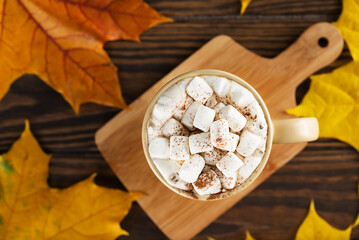 Hot chocolate with marshmallows and cinnamon in a mug on a wooden table on a background of autumn maple leaves. Horizontal orientation, top view.