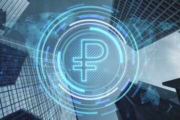 Creative glowing round ruble icon and map hologram on blurry city view background. Finance, currency and global business technologies concept. Double exposure.