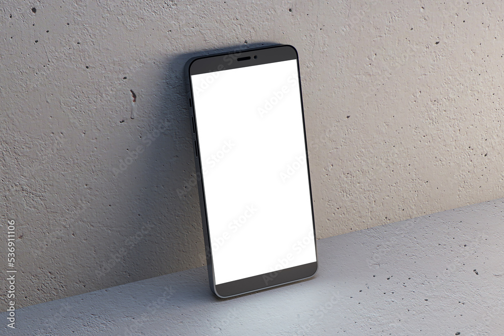 Poster Close up of empty white cellphone on light wall background. Mobile app concept. 3D Rendering.