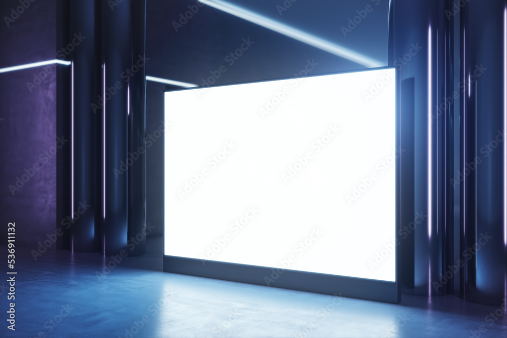 Poster Perspective view on blank white illuminated screen with place for your logo or text in dark empty room with glossy floor. 3D rendering, mockup