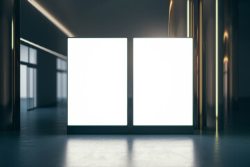 Front view on blank white backlit screens with space for your logo or text on dark empty room background with golden pillars. 3D rendering, mockup
