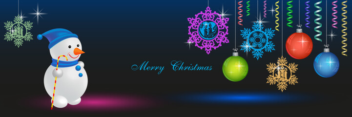 Snowman, vector image on a dark background with bright garlands and colorful balls.
Holiday card, banner. 3d image.
