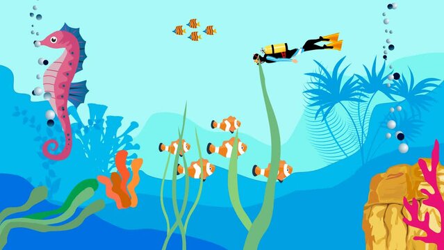 Underwater scene 2d animation, sea horse fishes corals diver cartoon