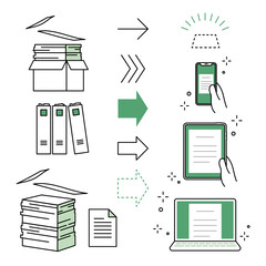 ペーパーレス・書類電子化のビジネスアイコンセット 書類の山と矢印とスマートフォン・タブレット・PCのデジタルデバイス