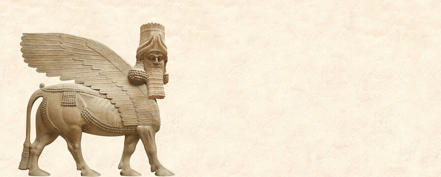 Grunge background with stone texture and lamassu. Horizontal banner with assyrian protective deity