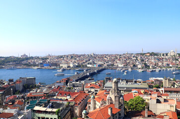 Fototapeta na wymiar Aerial view of Istanbul, Suleymaniye Mosque and Bosphorus, Turkey. Top view from Galata Tower