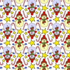 Fotobehang cartoon cute snowman wearing a hat scarf star wand super cute. background hand drawn of , Children's shirts and pants gift wrapping paper © suttinun