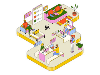 Set of isolated people at workplace. Young people with notebook sitting in bag, sofa desk with computer, lying on floor. Freelancer working. Isometric vector illustration