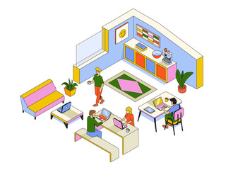 Obraz premium Trendy Isometric coworking center, room for relaxation and discussion, working environment for freelancers. Vector Illustration