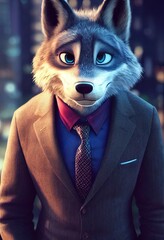 Wolf, forest animal dressed in suit. Wild Animal businessman. Cartoon big eyed close up portrait. Soft cinematic lighting, animation style character, anime style, 3d illustration.
