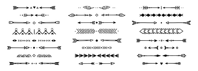 Mexican arrow hand drawn element set. African, aztec rustic ethnic arrow, ornament divider. Tribal boho decor design. Vector illustration. - obrazy, fototapety, plakaty