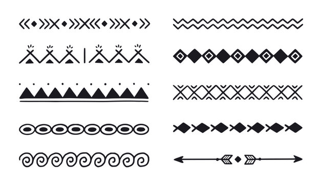 Hand drawn african folk motif, ethnic pattern set. Peru, mexican, aztec drawn border pattern. Boho, indian decoration, arrow element. Vector illustration.