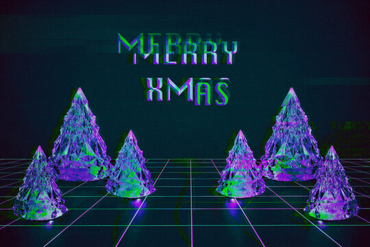 Digital distorted interlaced Christmas trees on abstract futuristic cyberpunk background with motion glitch effect. Retro futurism, Cyber Xmas vaporwave design, rave 80s 90s aesthetic, copy space