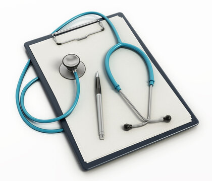 Patient medical record, stethoscope and pen. 3D illustration
